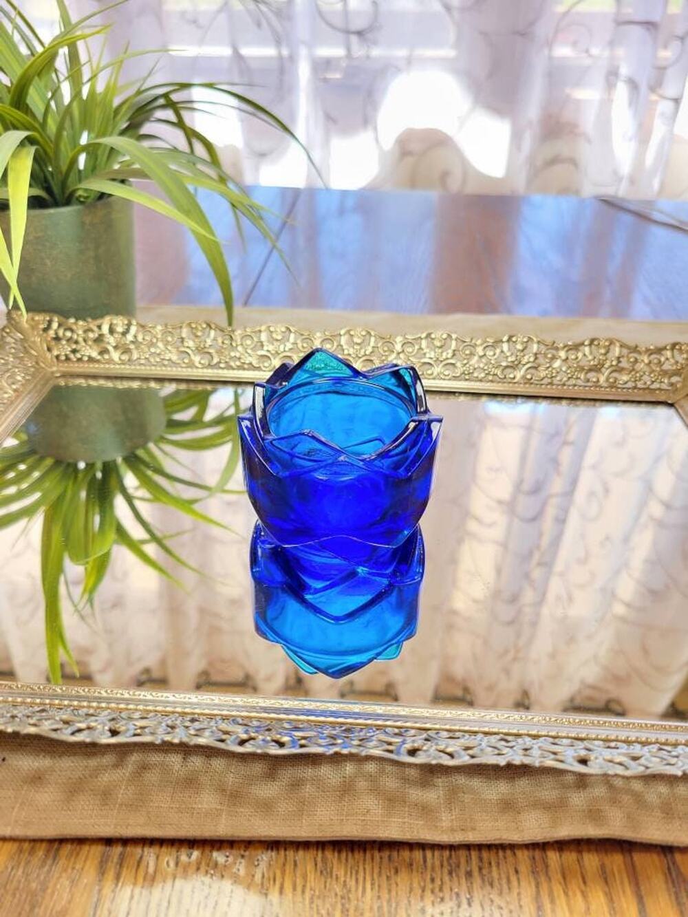 Vintage Avon Tulip Votive Candle Holder Cobalt Blue Glass Candleholder 70s